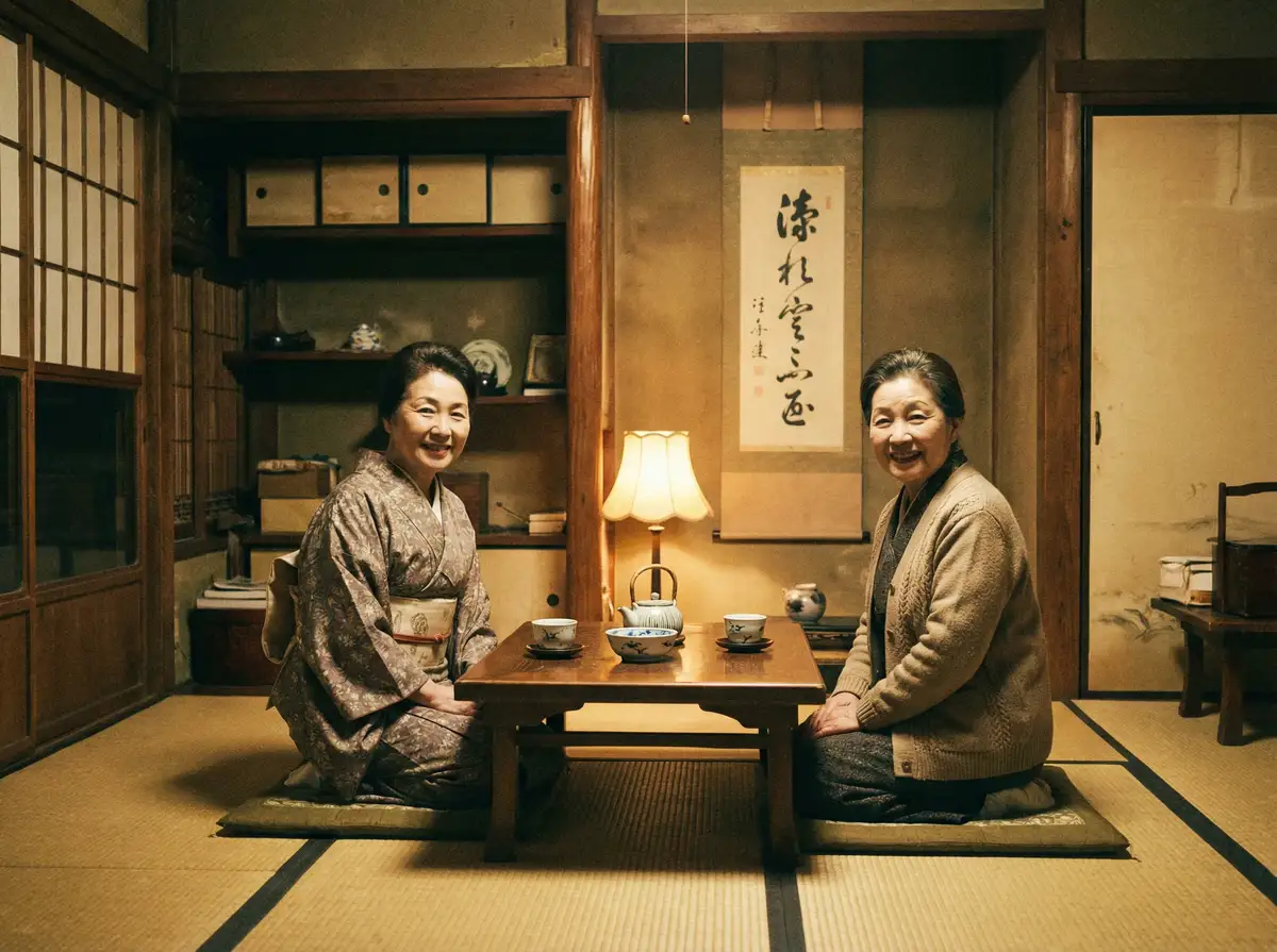 两位优雅的 华体会体育 在日式茶室中品茶交谈